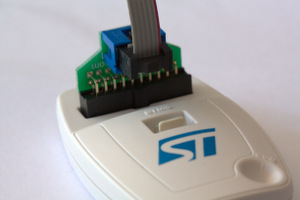 ST-LINK/V2 with ARM20-CTX adapter and TC2030-IDC 6 pin cable installed