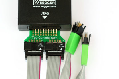 TC2050-2X10 adapter connecting 20 pin JTAG connector to 2 x TC2050-IDC cables with Segger Debugger