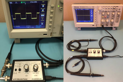 ee-701 typical setup and connected to oscilloscope showing 10uV 25KHz square wave