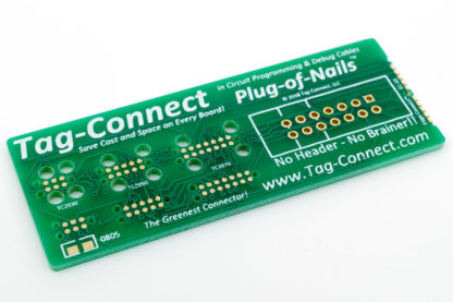 Tag-Connect demo board for small PCB footprint plug-of-nails and edge-connect