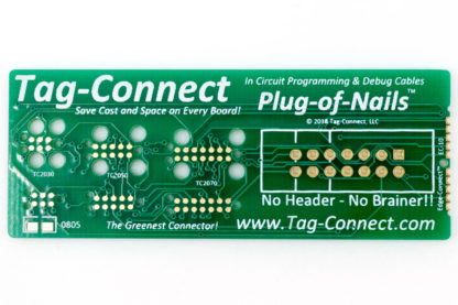 Tag-Connect demo board for small PCB footprint plug-of-nails and edge-connect - front