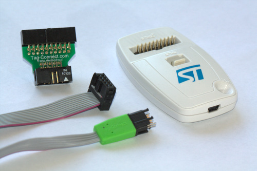 ST-LINK/V2 with TC2050-IDC 10 pin cable and TC2050-ARM2010 adapter